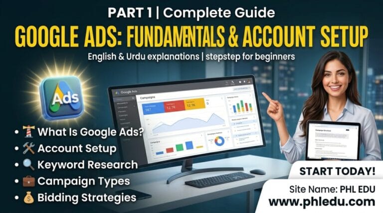 Google Ads Complete Guide Part 1 Featured Image by PHL EDU featuring a professional marketer pointing to a campaign dashboard and tablet.