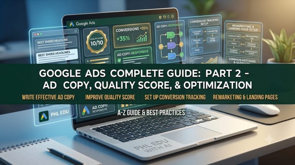 Google Ads Complete Guide Part 2 covering Ad Copy, Quality Score, Conversion Tracking, and Optimization on PHL EDU WITH AI