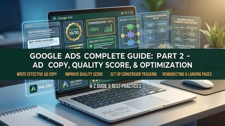 Google Ads Complete Guide Part 2 covering Ad Copy, Quality Score, Conversion Tracking, and Optimization on PHL EDU WITH AI
