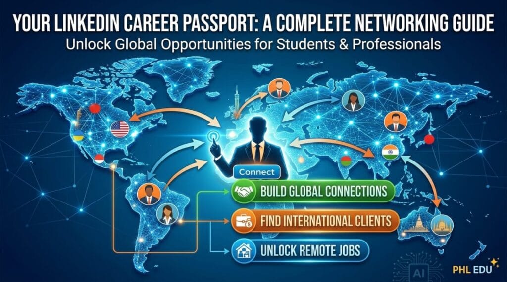 Infographic feature image of PHL EDU's LinkedIn guide for global networking, international clients, and remote jobs.