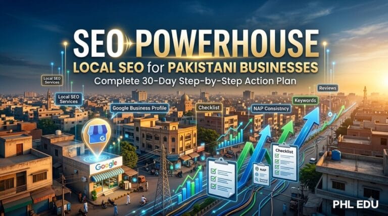 A powerful horizontal image for local SEO guide in Pakistan, featuring a dynamic digital cityscape of Lahore or Karachi with glowing SEO data streams, upward growth charts, Google Business Profile icons, and bold text that reads 'SEO POWERHOUSE' and 'LOCAL SEO FOR PAKISTANI BUSINESSES'.