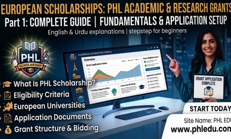 PHL Scholarship comprehensive guide infographic for European Universities, featuring a presenter, a monitor with a dashboard, and a large PHL crest.