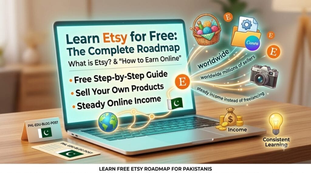 Etsy free course feature image for Pakistani sellers, showing a laptop with roadmap steps, Canva and digital product icons.