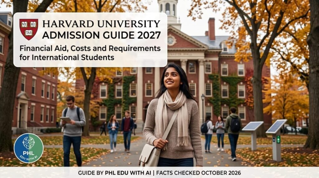 A featured image for a Harvard University Admission Guide 2027, showcasing a diverse student on a beautiful university campus with the guide title and text about financial aid, costs, and international student requirements. PHL EDU logo and phledu.com URL are included.
