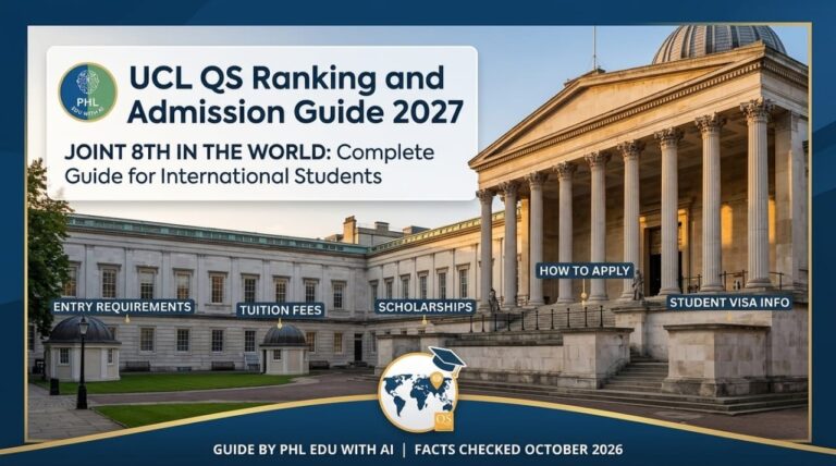 A professional horizontal feature image for UCL QS Ranking and Admission Guide 2027, showcasing the historic University College London campus, entry requirements, fees, scholarships, application details, PHL EDU logo, and phledu.com URL.