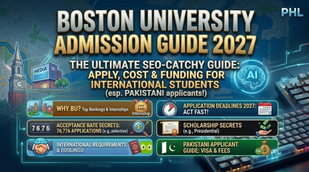 Infographic for Boston University Admission Guide 2027, highlighting application process, acceptance rate, deadlines, and scholarship information for international students, with specific guides for Pakistani applicants.