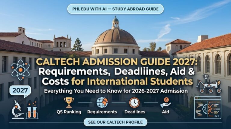 Caltech Admission Guide 2027 banner showing university campus buildings, requirements, deadlines, and financial aid details for international students.