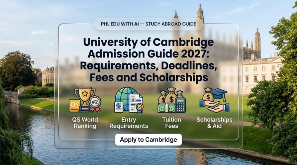 University of Cambridge Admission Guide 2027 banner showcasing historic campus architecture, admission deadlines, entry requirements, and scholarships for international students.