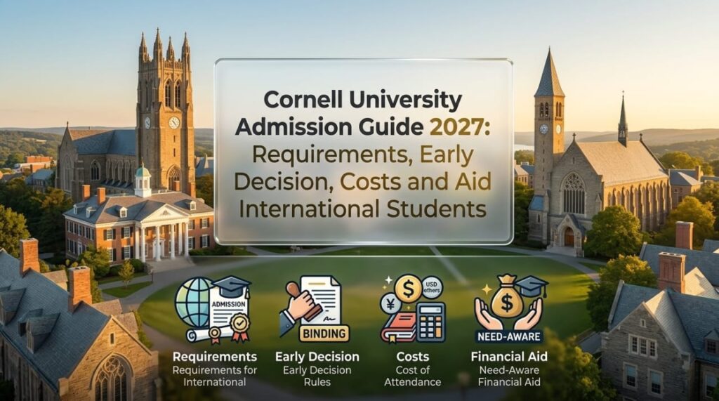 Cornell Admission 2027: Requirements, Aid & Deadlines 2 Cornell University Admission Guide 2027 banner showcasing campus buildings, early decision rules, and requirements for international students.