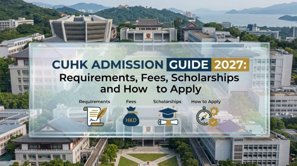 CUHK Admission 2027: Requirements, Fees & Apply 2 CUHK Admission Guide 2027 banner displaying campus architecture, requirements, fees, and scholarship details for international students.