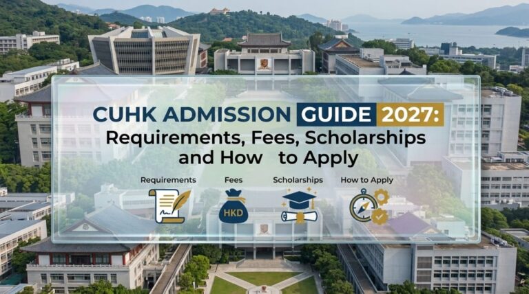 CUHK Admission Guide 2027 banner displaying campus architecture, requirements, fees, and scholarship details for international students.
