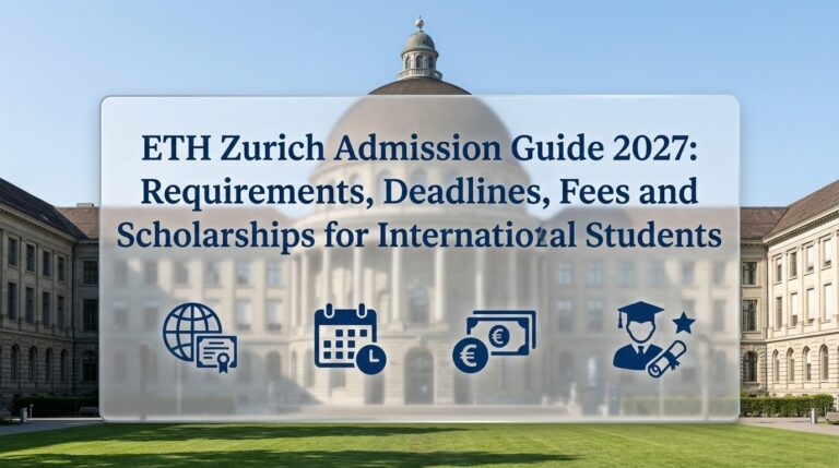 ETH Zurich Admission Guide 2027 banner showcasing campus buildings, admission requirements, deadlines, and scholarships for international students.