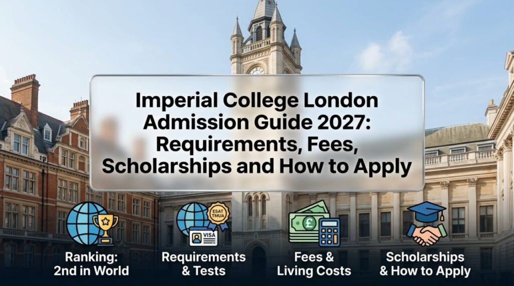 Imperial College London Admission 2027: Fees & Apply 2 Imperial College London Admission Guide 2027 banner showcasing campus buildings, world ranking, requirements, and fees for international students.