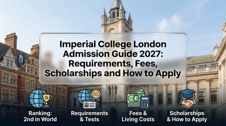 Imperial College London Admission Guide 2027 banner showcasing campus buildings, world ranking, requirements, and fees for international students.