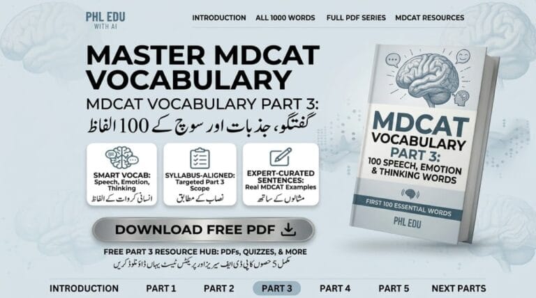 MDCAT Vocabulary Part 3 speech emotion and thinking words list PDF free download phledu