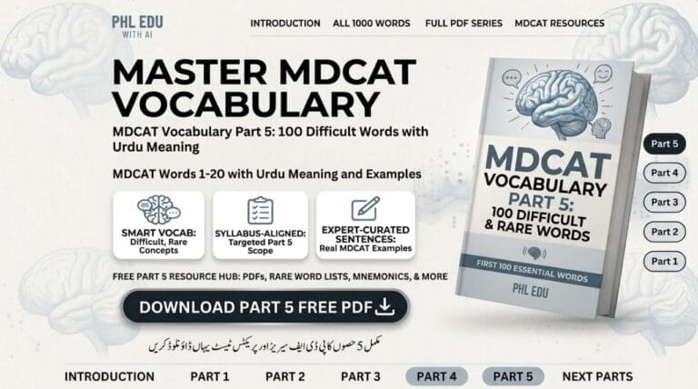 MDCAT Vocabulary Part 5 difficult and rare words list PDF free download phledu