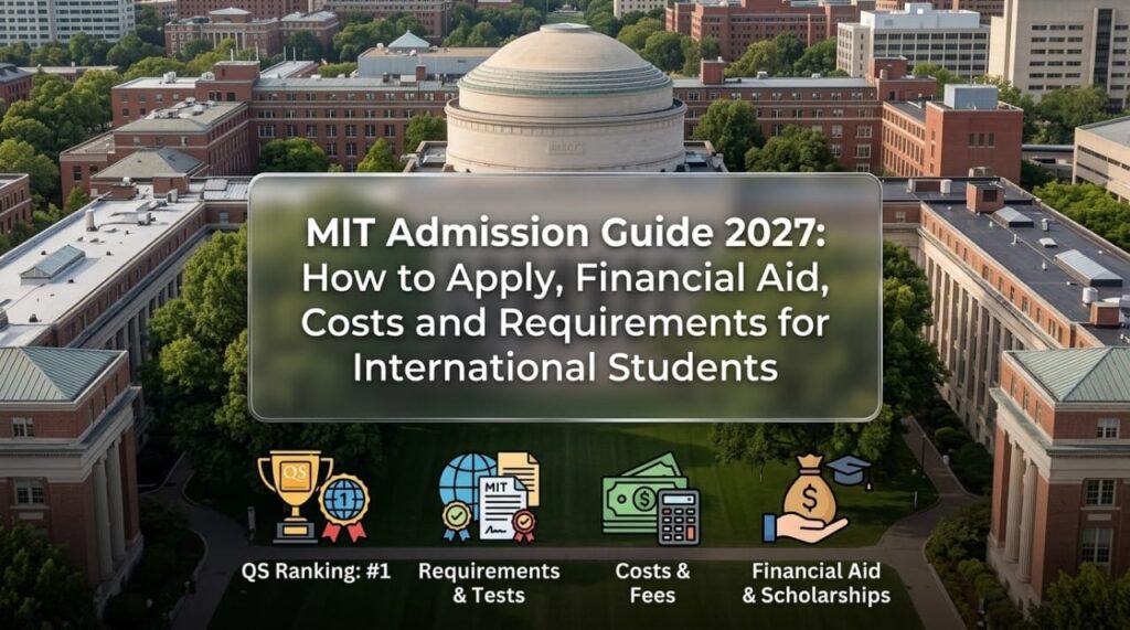 MIT Admission 2027: Requirements, Aid & How to Apply 2 MIT Admission Guide 2027 banner showcasing campus buildings, admission requirements, and financial aid details for international students.
