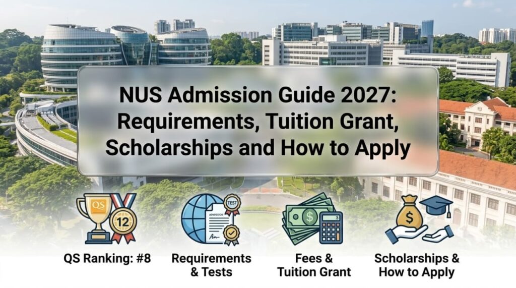 NUS Admission Guide 2027 banner featuring the university's distinct campus architecture, admission requirements, and tuition grants for international students.
