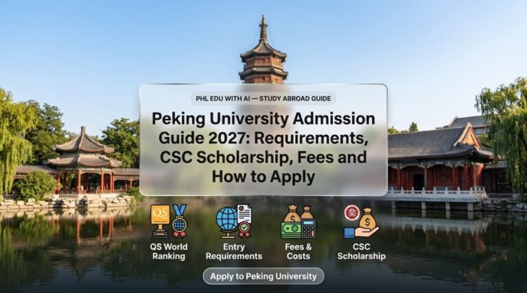 Peking University Admission Guide 2027 banner showcasing campus buildings, CSC scholarships, and admission requirements for international students.
