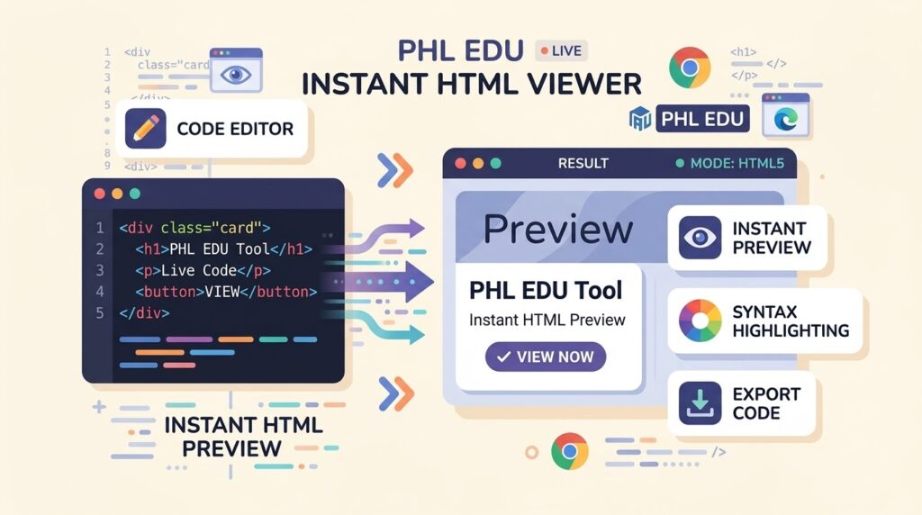 PHL EDU Instant HTML Viewer feature graphic showing live code editing and instant preview panels