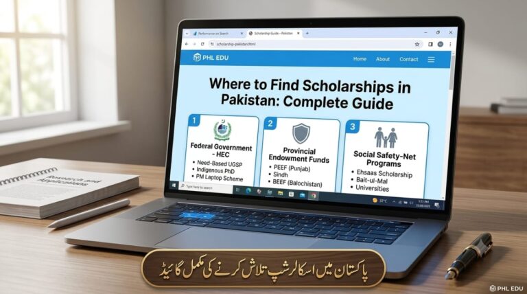 ​Where to Find Scholarships in Pakistan Complete Guide interface displayed on a laptop screen featuring HEC Need-Based UGSP PEEF SEEF BEEF and Ehsaas Scholarship programs by PHL EDU