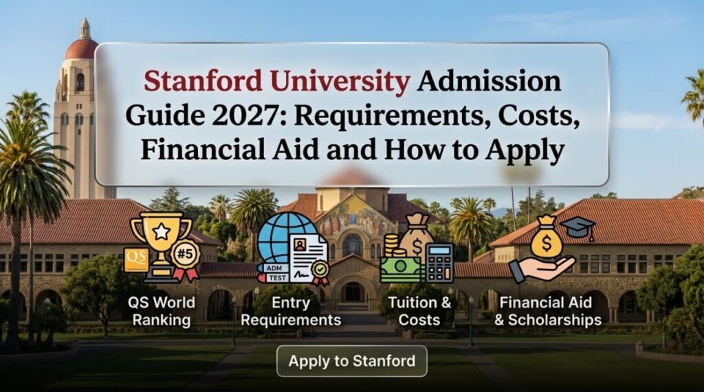 Stanford University Admission Guide 2027 banner showcasing campus architecture, admission requirements, and financial aid for international students.