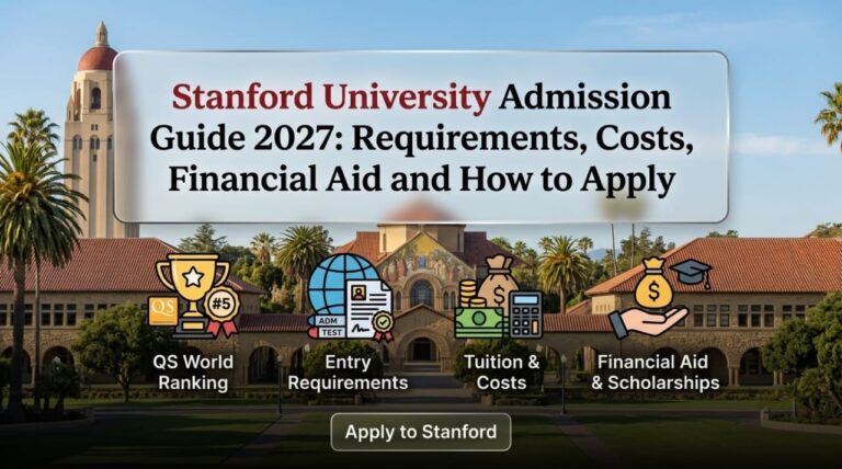 Stanford University Admission Guide 2027 banner showcasing campus architecture, admission requirements, and financial aid for international students.