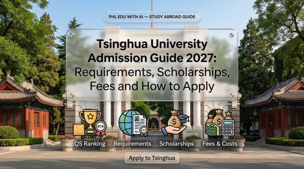 Tsinghua University Admission Guide 2027 banner showcasing campus architecture, admission requirements, and scholarships for international students.