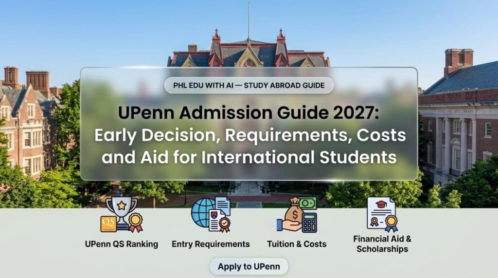 UPenn Admission Guide 2027 banner showcasing campus architecture, early decision guidelines, entry requirements, and financial aid options for international students.
