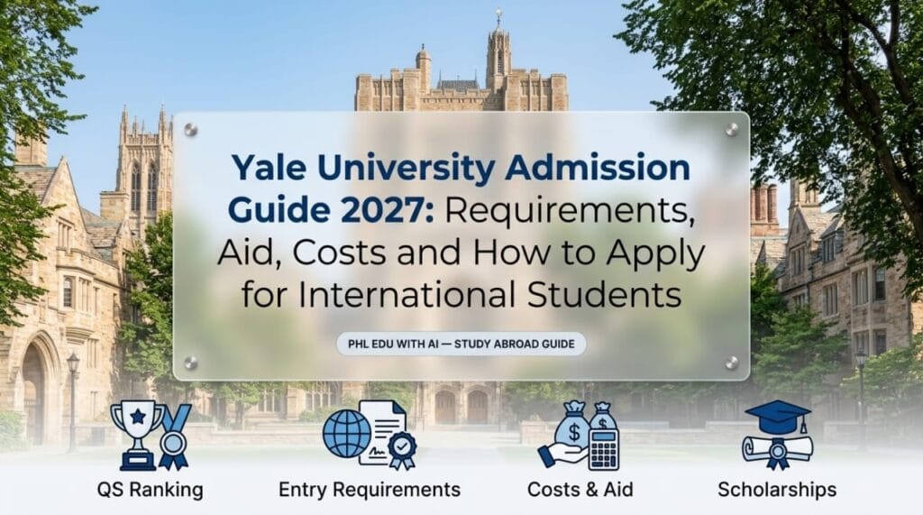 Yale University Admission Guide 2027 banner featuring historic campus architecture, admission requirements, and financial aid for international students.